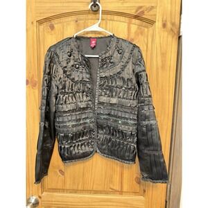 Sandy Starkman Women's Black Embellished Beaded Ribbon Jacket Medium Boho
